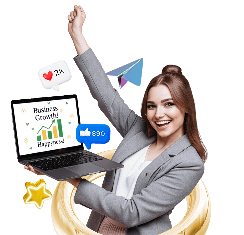 Woman with laptop and social media icons