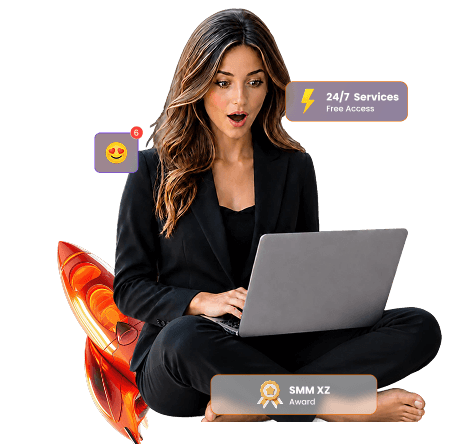 Woman with laptop and social media icons